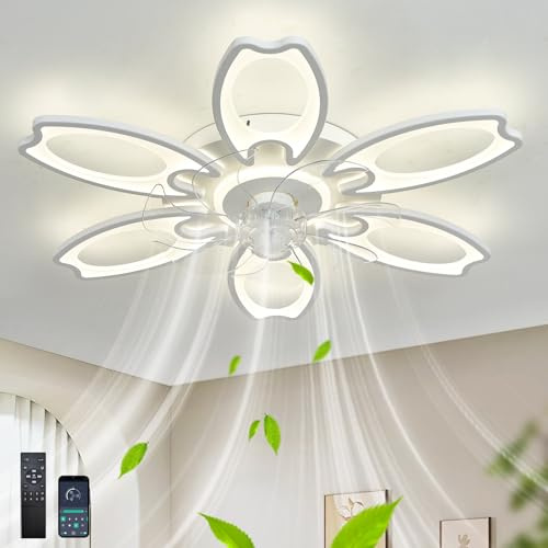 QINGYING Inteligente Ventilador Techo Con Luz, LED Regulable, Reversible, 6 Velocidades, Diseño Floral, Con Mando A Distancia Y Función De Memoria, Para Dormitorios Y Salón, Blanco