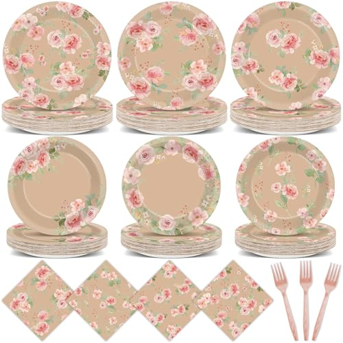 96Pcs Kraft Floral Paper Tableware Vintage Flower Party Decorations Kraft Floral Paper Plates Napkins and Forks Pink Rose Flower Party Decor for Girls Birthday Baby Shower Wedding Serve 24 Guests