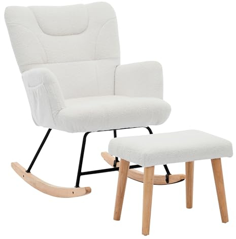 HAINEW Schaukelstuhl Schwingsessel mit Hocker und Hoher Rückenlehne, Schaukelsessel Relaxsessel Polstersessel, Teddy Samt, Bis 100kg, Weiß, HNDE010