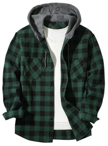 Générique Chemise avec Capuche Homme à Carreaux Flanelle Bûcheron Décontractée Surchemise Manches Longues Boutons Chemise Vert XL
