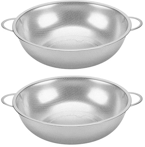TAICHEUT 2 coladores de acero inoxidable, colador microperforado grande de 5 cuartos de galón con base de mango para pasta de cocina, arroz, frutas