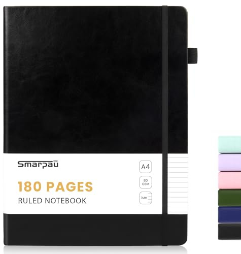 Smarpau Notizbuch A4, Hardcover Lined Journal Buch mit 180 Seiten Papier | 80gsm Tintenfestes Papier, Leder Hard Cover Notizbuch für Frauen Männer Arbeit Büro Schule,21.3 x 29.5cm -Schwarz