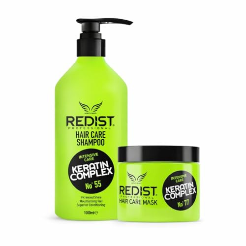 Redist Professional Keratin Complex Set – Hair Care Shampooing n° 55 1000 ml + Hair Care Mask n° 77 475 ml | Soin intensif & brillance | Pour cheveux secs et abîmés