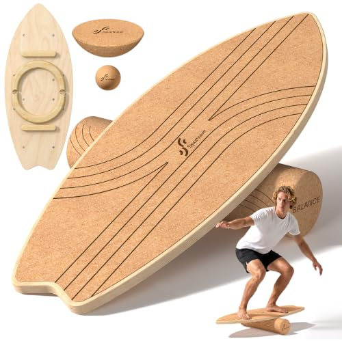 Sportneer Surfin Balance Board en liège pour adultes 8-en-1 | Grand kit d'entraînement à l'équilibre sur liège pour le renforcement musculaire, le surf et la rééducation