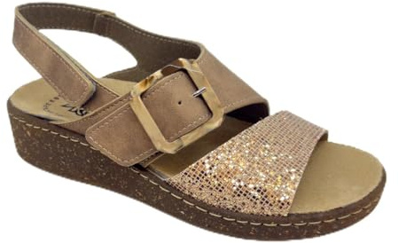 3Rose 391 Sandalo Donna in Ecopelle e Glitter - Doppia Regolazione con Fibbia e Cinturino - Calzata Personalizzabile con Comfort Anatomico - Con Plantare Estraibile in Pelle (Cipria, 37)
