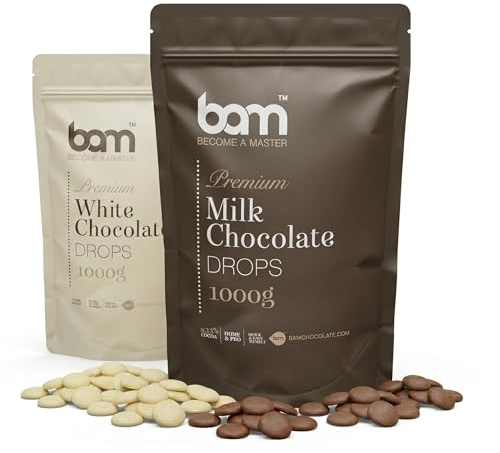 BAM Schokolade Drops Bundle – Premium Kuvertüre Vollmilch & Weiß | Schokodrops zum Backen & Schmelzen – Ideal für Fondue, Schokobrunnen & Patisserie – 2 x 1000g