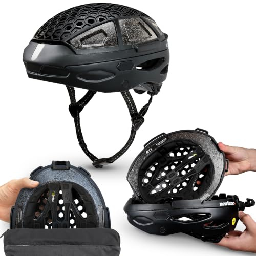 Newlane Casco de bicicleta plegable con protección MIPS (negro con pestaña blanca/M) | Compacto, ligero y certificado de seguridad | Ajustable y transpirable | Casco de bicicleta de viaje para hombres