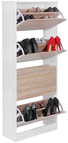 FineBuy Schuhkipper mit 4 Fächern für 24 Paar Schuhe, Moderner Schuhschrank in Sonoma Weiß, Schuhkommode 60 x 24 x 150 cm