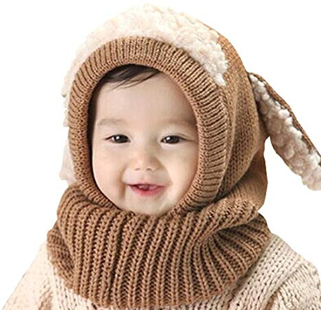 Scarf ull öronlapp huva varm skalle stickade mössor, virkad öronlapp pilothattar mössa för småbarn baby flickor och pojkar, mössa 4-kaffe, medium