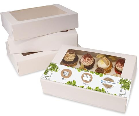 BIOZOYG 12er Cupcake Muffin Box Karton mit großem Sichtfenster inkl. Einlage I 100 Stück Patisserieschachteln Geschenkboxen weiß I Bio Box Take Away Kartonschachtel biologisch abbaubar