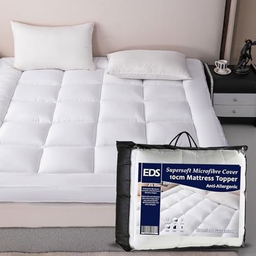 Mattress Topper Protector Super King Size Bed 10cm Thick Hotel Quality Hollow Fibre Filled Box Stitched Quilted Bed Topper Pad with Strong Corner Elastic Straps (Super King - 182 X 200 CM)