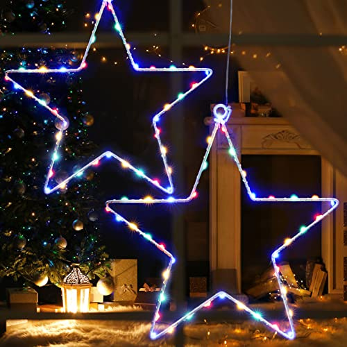 JIAPEI Leuchtstern Weihnachten, Weihnachtsdeko Fenster, Batteriebetriebene Dekorationen LED Lichterketten für Halloween Party Garten, Mehrfarbig 2er