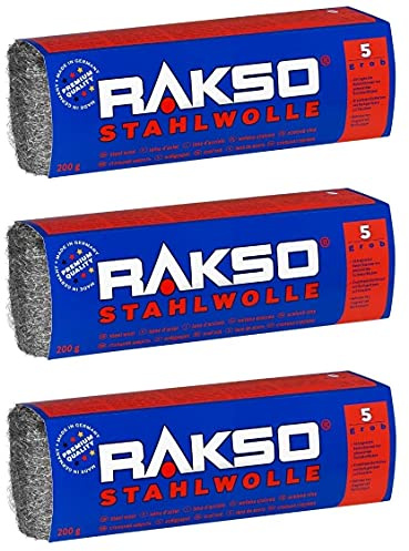 RAKSO Stahlwolle Banderole 3er Set, 200g grob 5 entfernt Öl, Fett auf Metall, reinigt Natur, Kunststein, anschleifen von altem Holz - 3er Set