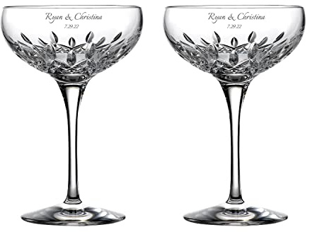 Waterford Personalized Lismore Essence Champagne Saucer Pair, Set of 2 Custom Engraved 9oz Cut Crystal Coupe Glasses for Champagne, Sparkling Wine, Spumante, Cocktails