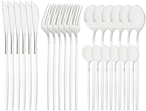 Snplowum Mirror Cutlery Serving Set, 24-piece 18/0 Stainless Steel Silverware With White Handle Simple & Modern Tableware For Home Party Restaurant Christmas Dinner, Service For 6 (White Silver)