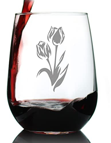 Bevvee Tulip Stemless Wine Glass - Floral Themed Decor and Gifts for Flower Lovers - Large 17 Oz Glasses