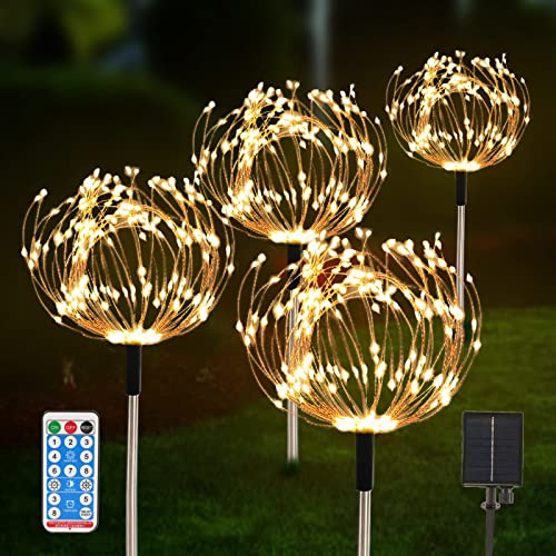 AcaJoe Solar Garden Lights Outdoor 4 Pack 480 LED Firework Path Lights Solar Powered Starburst Fairy Lights Waterproof 8 Lighting Modes with Remote Control for Patio Christmas Party Yard Decorative