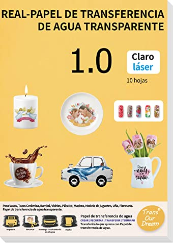 TransOurDream-Papel de calcomanía Tru-Waterslide Laser Clear 10 hojas A4 Papel de transferencia de agua,imprimible para impresora láser, papel transparentes para candelas,tazas, vasos etc.(Es-8-10)