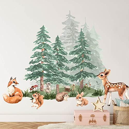 INSPIO Wandsticker Waldtiere Kinderzimmer Wandtattoo Wald Bäume Fuchs Igel Eichhörnchen Hirsch Wandaufkleber für Kinder (N.2.)