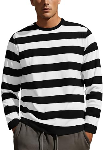 Zengjo Striped Shirt Mens Long Sleeve Crew Neck Tshirt(Black/White,L)