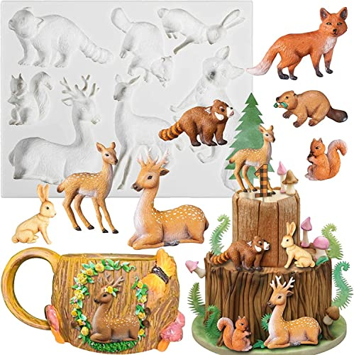 Selecto Bake Djungel safari skog djur fondant silikonform räv ekorre gnugga tvättbjörn bäver älg sika rådjur, för tårtdekoration muffinsdekoration choklad polymerlera 7-form 2,5-8,4 cm