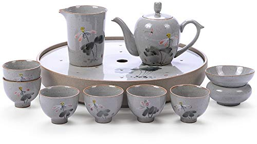Handbemalte Keramik Tee-Set Kung Fu Tee-Set Paket mit inländischen rohen Keramik Tasse Teekanne Teeschale Büro 11 einfache Schönheit Schulter Lotuskopf Kostüm Dekoration