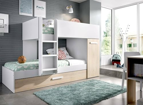 Dmora - Letto per bambini Eiger, Cameretta completa con armadio e cassetto, Composizione letto a castello con due lettini singoli, 244x112h150 cm, Rovere e Bianco