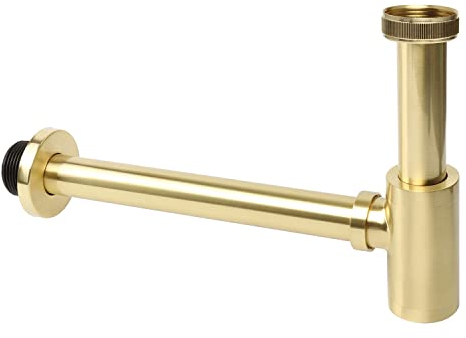 OPERMAXER Sifone di design, extra lungo, 200 mm, 1 1/4 x 32 mm, ispessimento regolabile dei tubi, sifone universale in ottone per bottiglie per lavabo e lavabo, blocco degli odori (oro spazzolato)