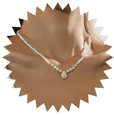Allereya Vintage Weiß Türkis Anhänger Halskette Weiße Samenperlen Choker Halskette Tropfen Stein Choker Halskette Reisperlen Halskette Schmuck Für Frauen Und Mädchen