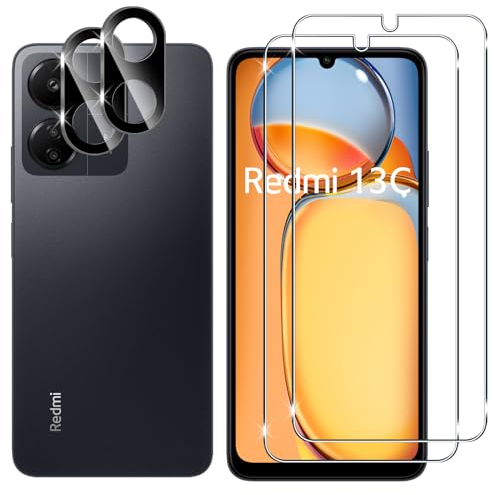 Lutree Protector de Pantalla para Xiaomi Redmi 13C 4G/POCO C65,2+2 Piezas Cristal Templado+Protector de Lente de Cámara(Negro), HD Anti-Arañazos Vidrio Templado Película Protectora para Redmi 13 C 4G