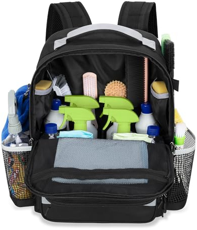 HODRANT Cleaning Backpack with Bottom Plate & Waterproof Bottom, Large Supplies Bag with Multiple Pockets for Housekeeping Tools, Cleaning Products Caddy Organizer for Home & Car