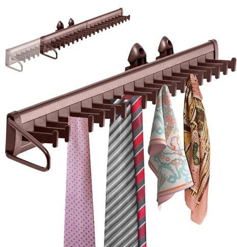 Sliding Tie Racks for Closet, 20 Tie Hanger for Men Pull Out Belt Hanger for Closet Storage Organizer with Slider, Side Mount Closet Holder Rail with 20 Hooks for Scarves Ties Belts(Brown)