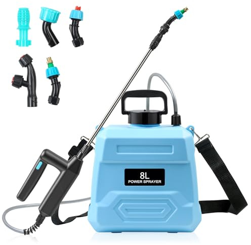 MaxAwe 8L Akku Drucksprüher, Elektrischer Gartensprüher mit 5 Düsen | 2000mAh Akku, USB-Ladegriff, 23,6 inch Teleskoplanze & Schultergurt für Pflanzenpflege, Gartenbewässerung und Reinigung