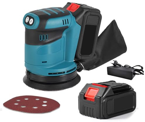 Ponceuse excentrique,190W Ponceuse Orbitale Excentrique sans fil avec 3 Vitesses variables 7000-11000rpm, avec 1 batterie et 1 feuilles de papier de verre incluses pour le Polissage du Ponçage du Bois