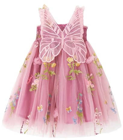 Miipat Baby flicka klänning tyll fjäril småbarn flicka prinsessa klänningar ärmlös broderi blommor bröllop fest födelsedag klänning för flickor, Mörkrosa, 5-6 År