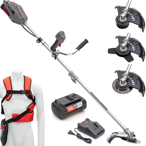 IKRA Freischneider Rasentrimmer IB-BC 33, inkl. 36V 4 Ah Akku & Ladegerät | Kompatibel mit Bosch, bürstenloser Motor, inkl. Easy-Load-Fadenspule, Dreizahnmesser, 80-Zahn-Sägeblatt & Schultergurt