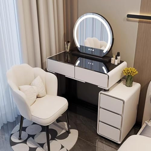Schminktisch-Set mit runden 3 farbigen Lichtern, Schminktisch mit gepolstertem Hocker, Beistellschrank und Schubladen, idealer Schminktisch für Schlafzimmer, Ankleidezimmer, perfekt für Mädchen und