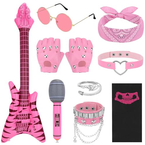 Dreamtop Ensemble de déguisement Rockstar 10 pièces avec gants, lunettes de soleil, bandana, bracelet, anneau, microphone gonflable