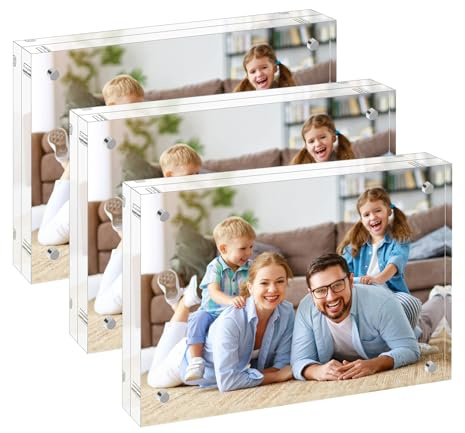 NICELINK 4x6 Acrylic Picture Frame 3 Pack, 20mm Clear Thickness Frameless Magnetic Double Sided Display, Plastic Table Top Photo Sign Holder, Table Paper Stand for Desktop Display, Stores