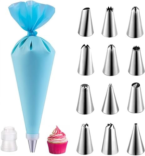 Flycppo Cake Piping Bag 14 Spritzbeutel Einweg Set,Spritzbeutel mit Tüllen,1 Kuchen Kupplung für Spritztüllen,Torten Zubehör für Dekorieren Von Gebäck,Torten Geeignet,Keksen,Hausbacken