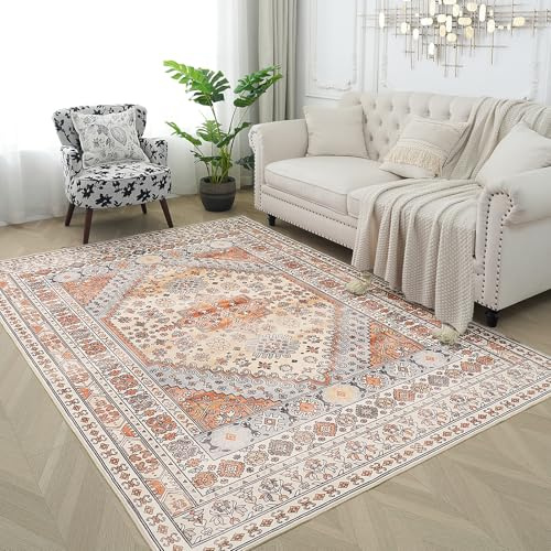 Xfrog Teppich Wohnzimmer Waschbare Teppiche Gegend Kurzflor Vintage Teppich Schlafzimmer Orange 160x230CM