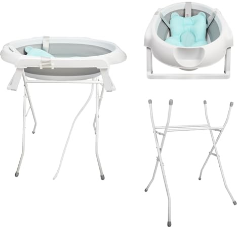 2 en 1 bañera plegable con agujero de drenaje portátil y soporte de 85 cm, bañera de baño con cojín de baño para niños, bañera sobre patas de plástico PP+TPE (gris 80 x 47 x 22 cm + 85 cm)