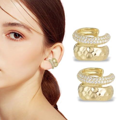 XYTAHDM 2 Stück Ear Cuff für Damen Fake Helix Knorpel Ohrringe Piercing Ohrmanschette Clip Ohrklemme Funkelnde RundeHuggie Ohne Ohrloch(Gold)