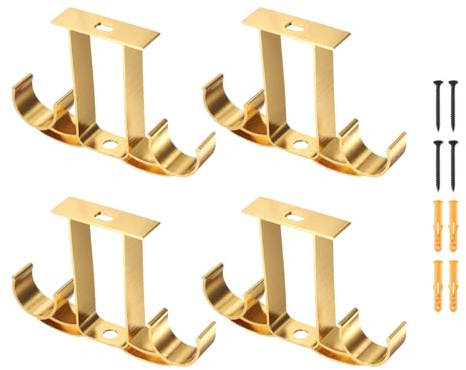 sourcing map 4 soportes para barra de cortina de techo, soporte doble de 115 mm para barra de cortina de 1 pulgada, ganchos para barras de cortina, soporte de pared con tornillos, color dorado