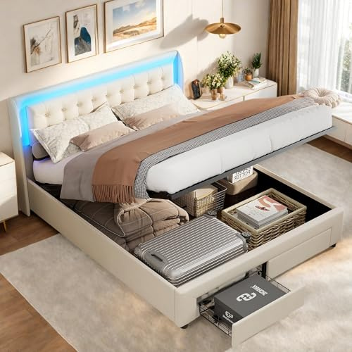 FEEOHOME Gepolstertes Doppelbett 180 x 200 cm, Boxspringbett mit 2 Schubladen, led Jugendbett, Polsterbett mit Lattenrost und Hydraulikfunktion für Erwachsene und Jugendliche, Samt