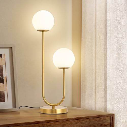 Kardleen Mid Century Modern Globe Table Lamp Gold U-Shape Glass Table lamp 2-Globe Bedside Lamp with LED G9 Light Source Ideal for Bedroom & Office