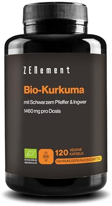 Curcuma Écologique - 1460mg par Portion (2 Gélules) avec Gingembre et Poivre Noir - 100% Écologique et Végan, Formule Synergique à Haute Absorption - 120 Gélules Véganes, Cure 2 Mois - Zenement