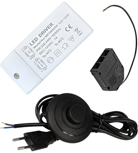 LED Trafo Treiber 0,5-12W 12V DC Eckig Elektronisch | Für LED Lampen| inkl. Mini-Verteiler 3-fach & 230V Zuleitung mit Fußschalter | Kompakt, Flackerfrei, Stabilisiert