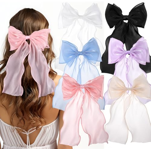 Ouligay 6 Stück Haarspangen mit Großer Schleife Große Haarschleifen Clips Damen Langer Schwanz Französisches Haarband Hair Clip Haar Accessoires der 90er Jahre für Frauen Mädchen Mehrere Farben