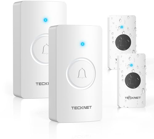 TECKNET Funkklingel, IP67 Türklingel-Set Außen wasserdicht, 400M Reichweite, Batteriebetrieben mit 2 Empfängern und 2 Sendern, 5 Lautstärkestufen, 60 Klingeltöne mit LED-Blitz und Speicherfunktion